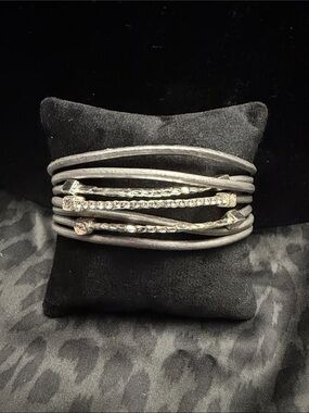 Multi-Strand Gray Leather Wrap Bracelet with Crystal Bars